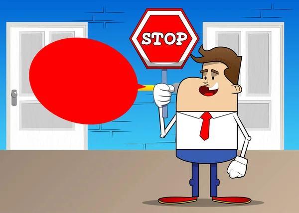 Caricatura Retro Simple Hombre Negocios Sosteniendo Una Señal Stop Empleado — Archivo Imágenes Vectoriales