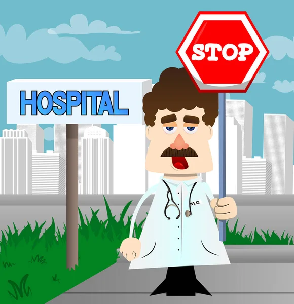 Funny Cartoon Doctor Holding Stop Sign Vector Illustration — Stock Vector