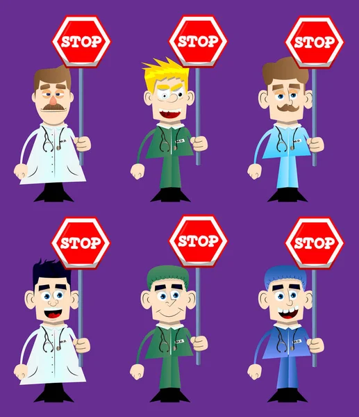 Funny Cartoon Doctor Holding Stop Sign Vector Illustration — Image vectorielle