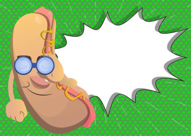 Hot Dog looking through binoculars. American fast food as a cartoon character with face.