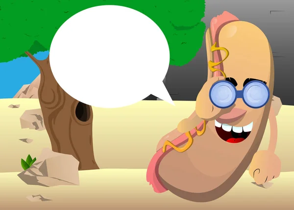 Hot Dog Looking Binoculars American Fast Food Cartoon Character Face — Vetor de Stock