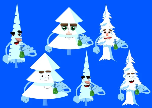 Cartoon Winter Pine Trees Faces Holding Test Tube Cute Forest — Vettoriale Stock