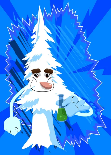 漫画の冬の顔のテスト管を保持して松の木 かわいい森の木 雪の松の漫画のキャラクター 面白い休日のイラストベクトル — ストックベクタ
