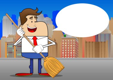 Simple retro cartoon of a businessman holding a broom. Professional finance employee white wearing shirt with red tie.