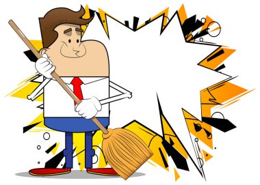 Simple retro cartoon of a businessman holding a broom. Professional finance employee white wearing shirt with red tie.