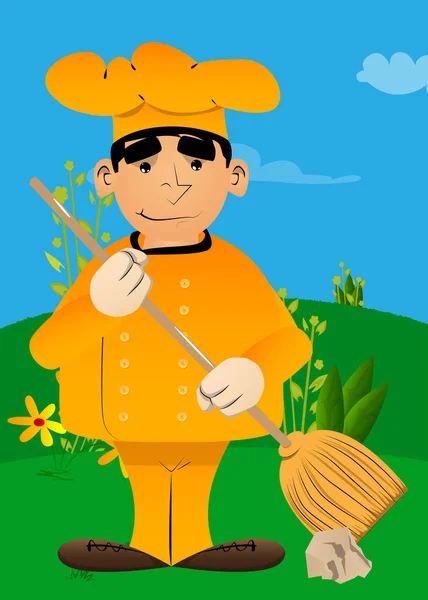 Fat Male Cartoon Chef Uniform Holding Broom Vector Illustration — Stockvektor