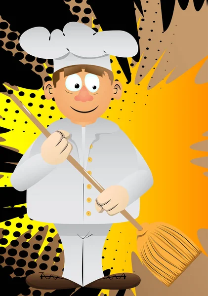 Fat Male Cartoon Chef Uniform Holding Broom Vector Illustration —  Vetores de Stock