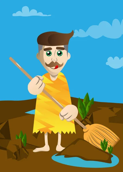 Cartoon Prehistoric Man Holding Broom Vector Illustration Man Stone Age — Stockový vektor