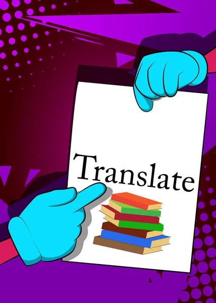 Hand Holding Banner Translate Text Man Showing Billboard Translation Translator — Vetor de Stock