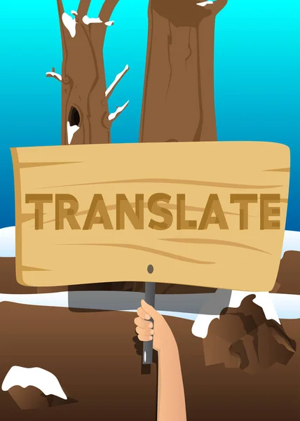 Hand Holding Banner Translate Text Man Showing Billboard Translation Translator — Vetor de Stock