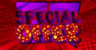 Special Offer - Comic Book Words. Motion poster. 4k animation sale, shopping, shop retail business concept. Retro pop art style.