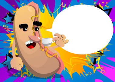 Hot Dog drinking coffee. American fast food as a cartoon character with face. Taking a break, relaxing.