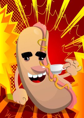 Hot Dog drinking coffee. American fast food as a cartoon character with face. Taking a break, relaxing.