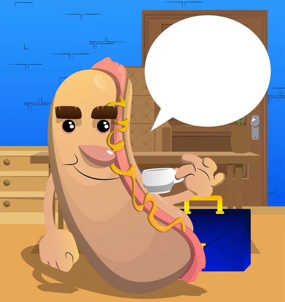 Hot Dog Drinking Coffee American Fast Food Cartoon Character Face — Vetor de Stock