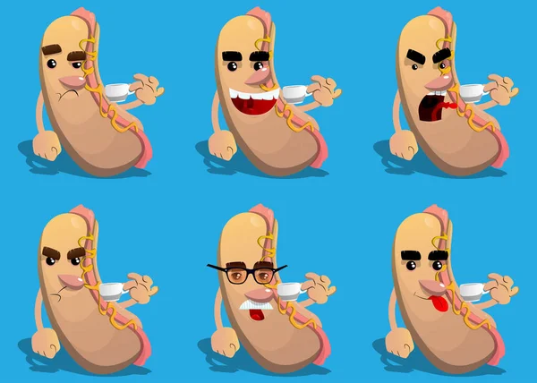 Hot Dog Drinking Coffee American Fast Food Cartoon Character Face — Διανυσματικό Αρχείο
