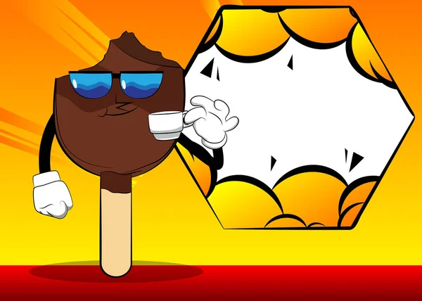 Ice Cream Drinking Coffee Summer Refreshment Sweet Food Cartoon Character — Stock Vector