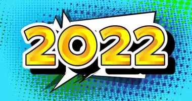 2022 yılı. Çizgi roman metni. Gelecekteki iş kariyeri, yeni yıl hedefleri, hedef kavramı. Hareket posteri. 4k animasyon Retro pop sanat tarzı.