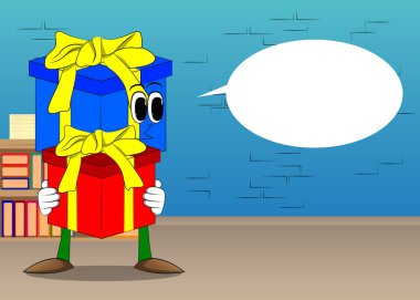 İçinde çizgi film karakteri olarak büyük hediye kutusu olan hediye kutusu. Tatil, mutlu yüz duygularıyla kutlama sürprizi..