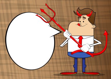 Tırmıklı bir iş adamı şeytanının basit bir retro karikatürü. Profesyonel finans çalışanı kırmızı kravatlı beyaz gömlek giyiyor..