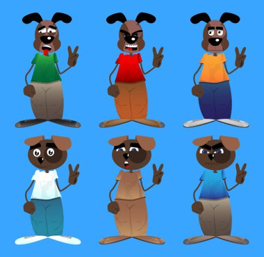 V işaretini gösteren komik çizgi film köpeği, barış hareketi. Vektör illüstrasyonu.