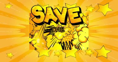 Tarihi kaydet. Hareket posteri. 4k animasyon çizgi roman kelimesi, soyut çizgi roman arkaplanı üzerinde hareket eden metin. Retro pop tarzı davet mesajı, iş bilgisi.