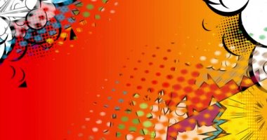 Turuncu Çizgi Roman Arkaplanından Renkli Çizgi Roman Sayfası. Hareket posteri. 4k animasyon çizgi romanları hareket ediyor, Konuşma Baloncuğu 'nu, elementleri, duvar kağıtlarını değiştiriyor. Retro pop sanatının arka planı.
