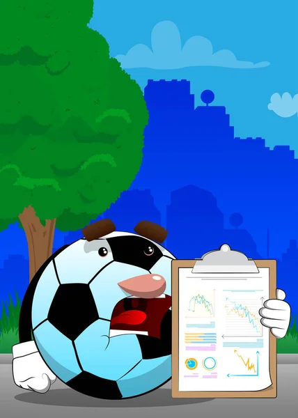 足球展示了财务报告 传统足球作为一个卡通人物的脸 — 图库矢量图片