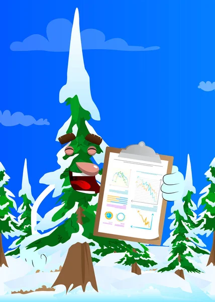 Desenhos Animados Pinheiros Inverno Com Rostos Mostra Relatório Financeiro Árvores — Vetor de Stock