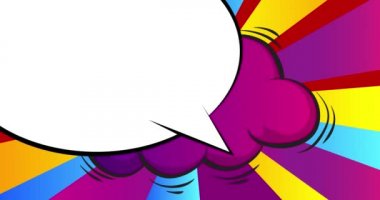 Beyaz konuşma balonlu mor hediye kutusu. Doğum günü, Noel hediyesi, mesaj için yer. Çizgi roman tarzı canlandırılmış animasyon. Retro Pop sanatı hareketli resim.