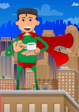 Elinde kahve tutan süper kahraman gibi giyinmiş komik çizgi film adamı. Vektör illüstrasyonu.