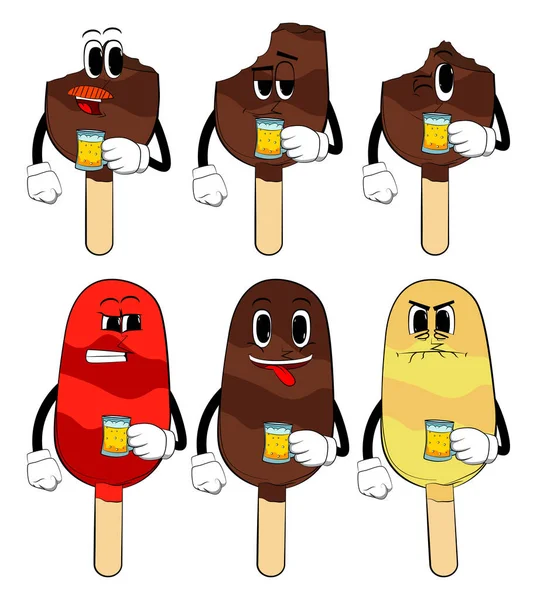 Ice Cream Drinking Beer Summer Refreshment Sweet Food Cartoon Character — Stock Vector