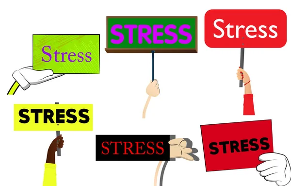 Hand Omhoog Houden Van Een Banner Met Stress Tekst Toont — Stockvector