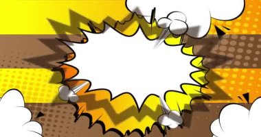 Yazıcı simgesi, imzala. Baskı, basım işi konsepti. Hareket posteri. Soyut çizgi roman arka planında 4k animasyon çizgi roman sembolü. Retro pop sanat tarzı.