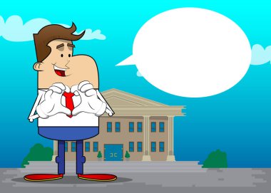 Kalp şeklinde el hareketi olan bir iş adamının basit bir retro karikatürü. Profesyonel finans çalışanı. Kırmızı kravatlı beyaz gömlek giyiyor..