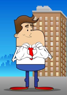 Kalp şeklinde el hareketi olan bir iş adamının basit bir retro karikatürü. Profesyonel finans çalışanı. Kırmızı kravatlı beyaz gömlek giyiyor..