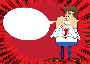 Kalp şeklinde el hareketi olan bir iş adamının basit bir retro karikatürü. Profesyonel finans çalışanı. Kırmızı kravatlı beyaz gömlek giyiyor..