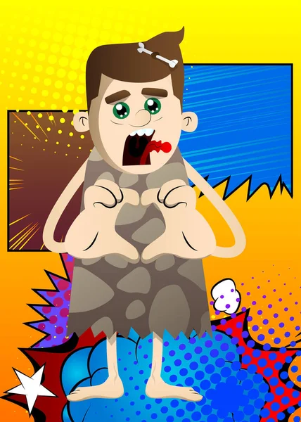 Zeichentrick Urmensch Mit Herzförmiger Handbewegung Vektorillustration Eines Mannes Aus Der — Stockvektor