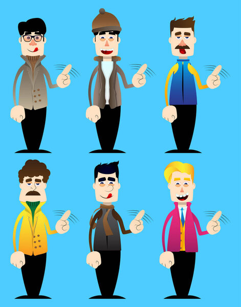 Смешной мультяшный человек, одетый на зиму, говорит "нет" пальцем. Векторная иллюстрация.