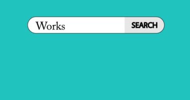 Metin Atölyesi ile sanal arama çubuğu. İşadamı sağ işaret parmağını bir arama simgesine dokunmak için itiyor. 4k Çizgi Roman tarzı animasyon.