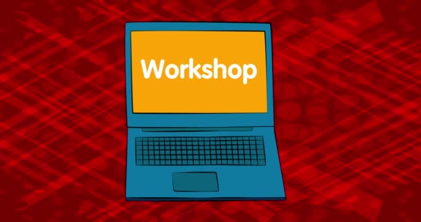 Laptop Med Ordet Workshop Skärmen Animation Serietidningsstil — Stockvideo