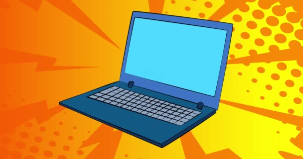 Laptop Słowem Witamy Ekranie Animacja Stylu Komiksu — Wideo stockowe