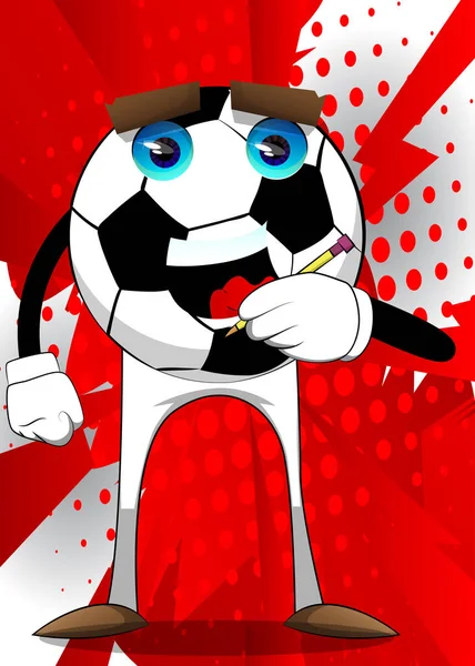 鉛筆でサッカーボールを書く 顔を持つ漫画のキャラクターとしての伝統的なサッカーボール — ストックベクタ