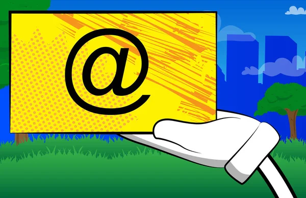 Рука Держит Баннер Знаком Mail Почтовым Интернет Символом Человек Показывающий — стоковый вектор