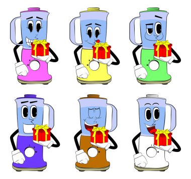 Yemek karıştırıcısı elinde küçük bir hediye kutusu tutuyor. Yüzü olan bir çizgi film karakteri olarak. Gıda işleme için elektrikli mutfak ekipmanları.