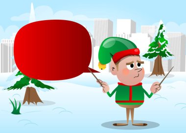 Noel Elf orkestra şefi. Vektör çizgi film karakteri çizimi Noel Baba 'nın küçük çalışanı, yardımcısı.