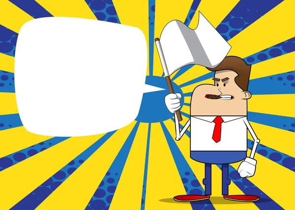 Basit bir iş adamı karikatürü beyaz teslim bayrağı taşıyor. Profesyonel finans çalışanı. Kırmızı kravatlı beyaz gömlek giyiyor..