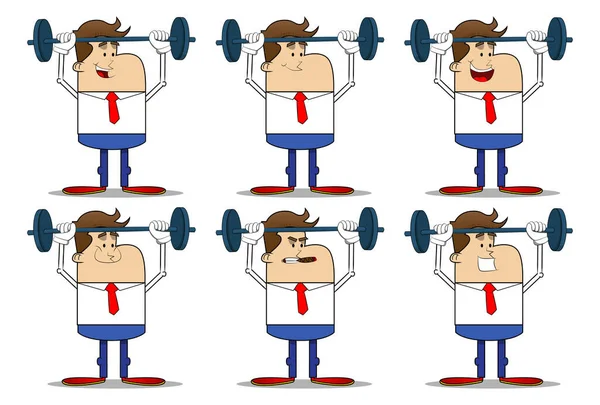 Simple Retro Cartoon Businessman Weightlifter Lifting Barbell Professional Finance Employee — Stock Vector