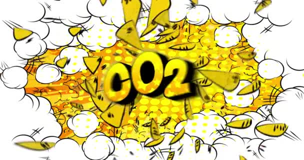 CO2. 4k animovaný text slova komiksu pohybující se na abstraktním pozadí komiksu. Retro pop art styl. Emise CO2 Koncepce zóny snižování znečištění ovzduší oxidem uhličitým.