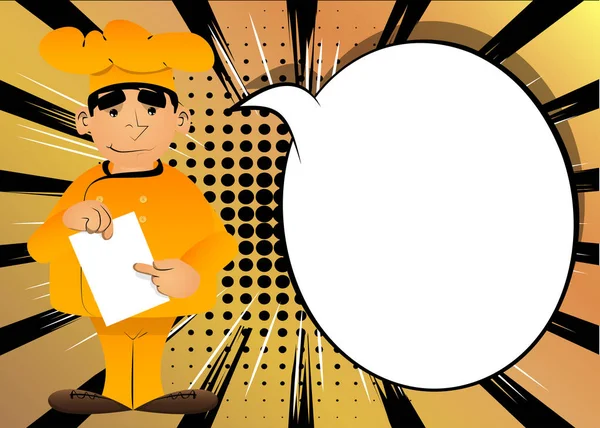 Üniformalı şişman erkek çizgi film şefi elinde beyaz bir kağıt tutarak onu işaret ediyor. Vektör illüstrasyonu.