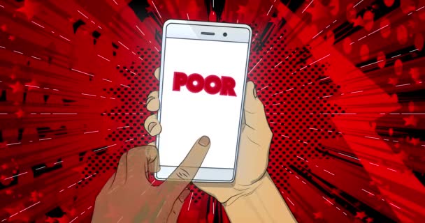 Slechte Tekst Smartphone Scherm Hand Klikken Tekst Mobiele Telefoon Comic — Stockvideo